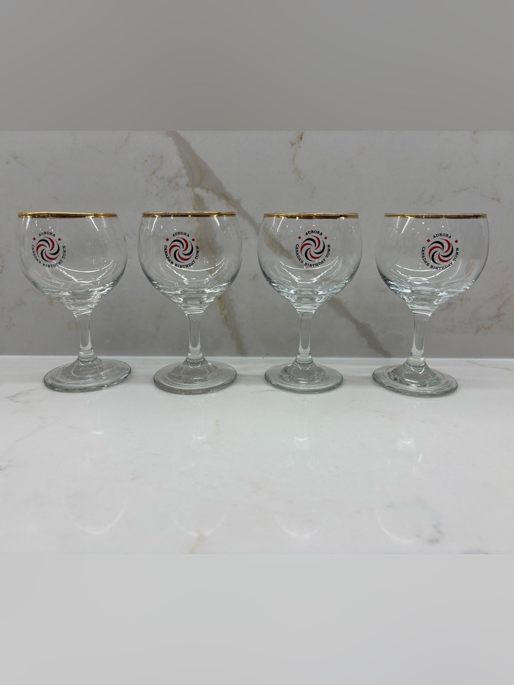 Set of 4 Gold-Rimmed Stemmed Balloon Wine Glasses Aurora Canada’s Birthday Town